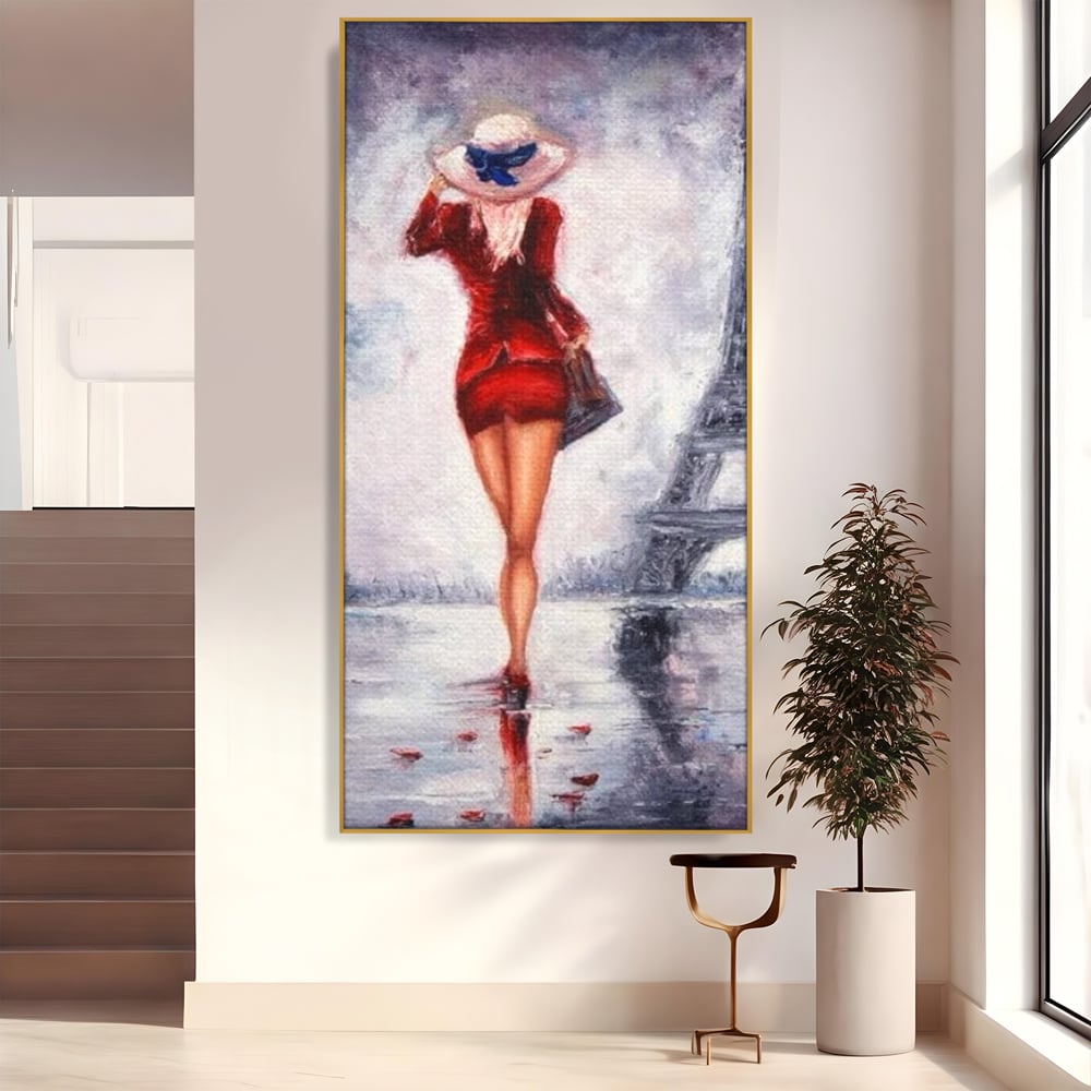 Tablou canvas cu pictura cu femeie in rochie rosie, in rama de aluminiu auriu